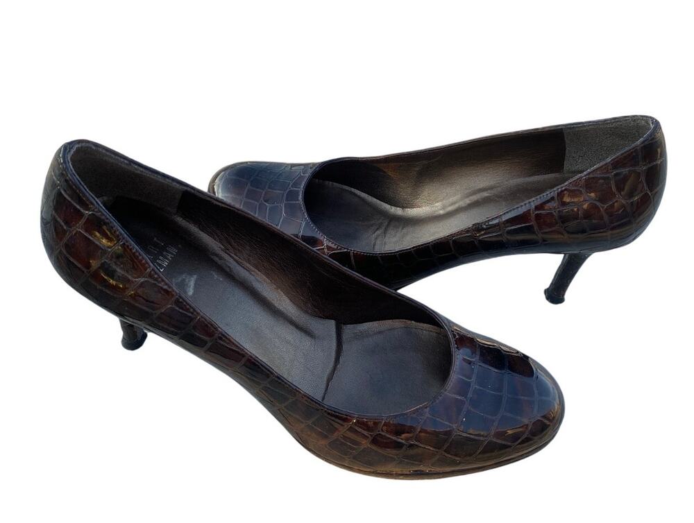 Stuart Weitzman Muse Court Brown Alligator Print Leather Pumps - Size 6.5